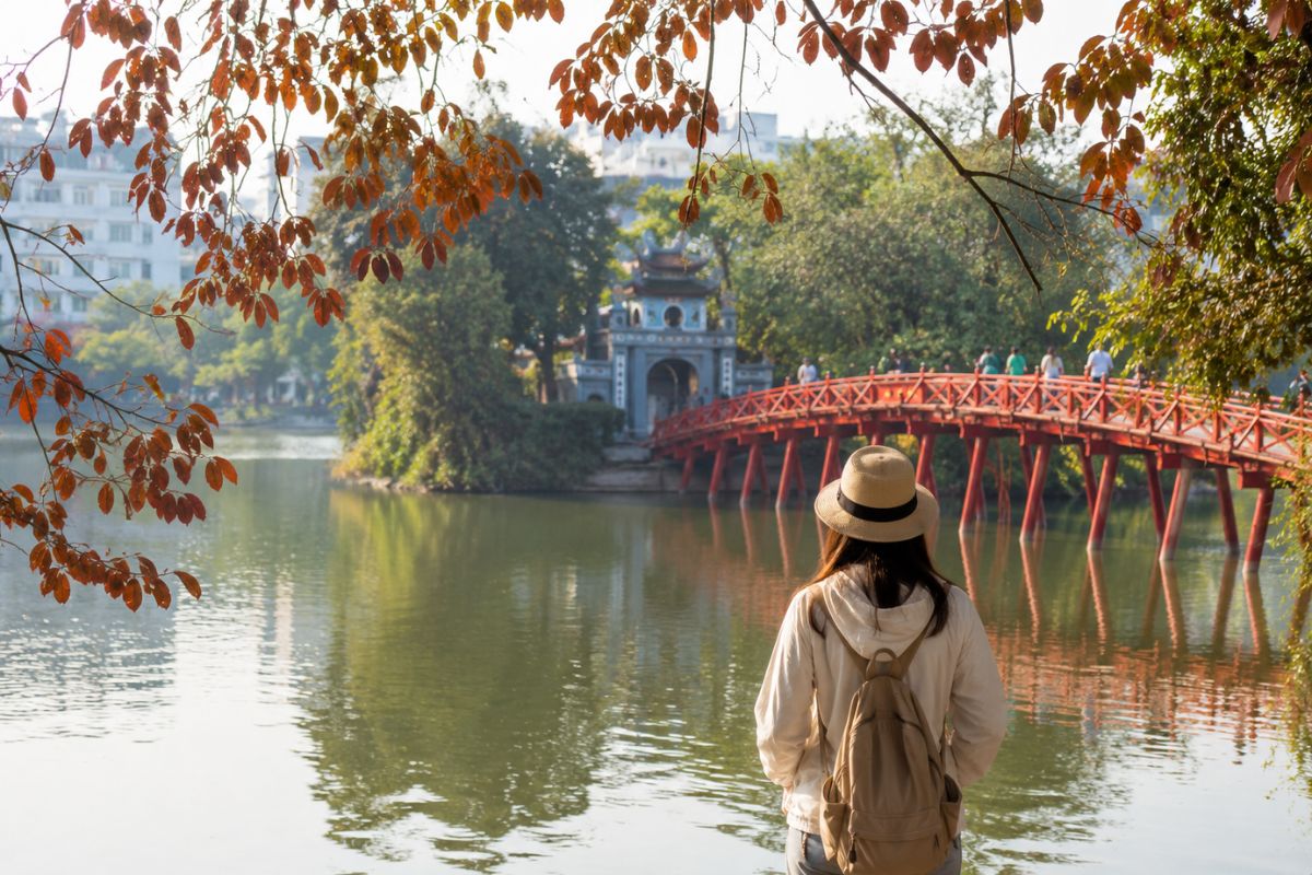 Hoan Kiem Lake in Hanoi in late October, cool morning light